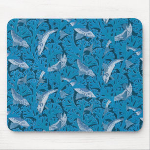 Vintage Blue Fish & Seaweed: Art Nouveau Nautical  Mouse Mat