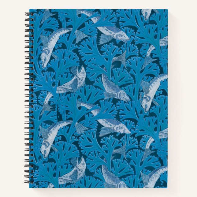 Vintage Blue Fish & Seaweed: Art Nouveau Nautical  Notebook (Front)