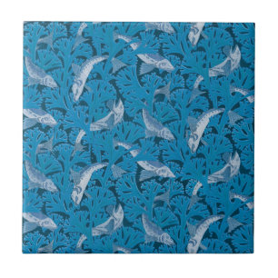 Vintage Blue Fish & Seaweed: Art Nouveau Nautical  Tile
