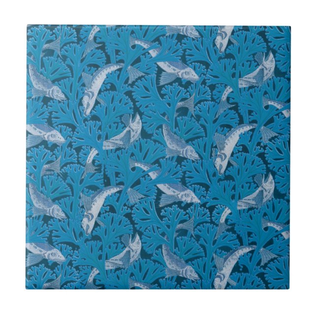 Vintage Blue Fish & Seaweed: Art Nouveau Nautical  Tile (Front)