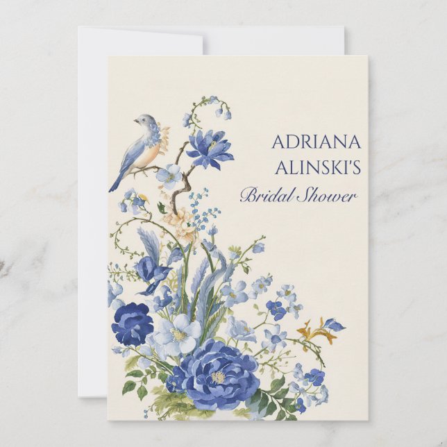 Vintage Blue floral and bird  Invitation (Front)