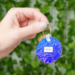 Vintage Blue Floral Botanical Monogram Key Ring