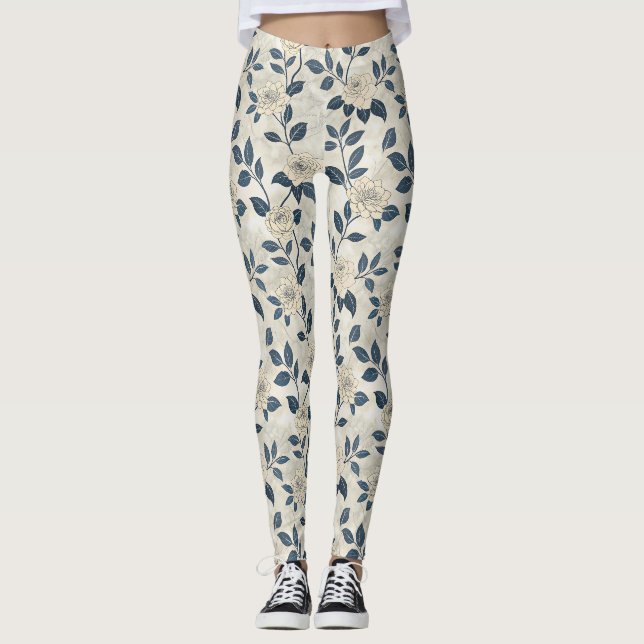 Vintage Blue Floral Botanical Pattern (3) Leggings (Front)