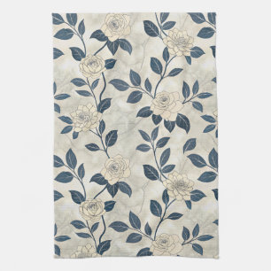 Vintage Blue Floral Botanical Pattern (3) Tea Towel