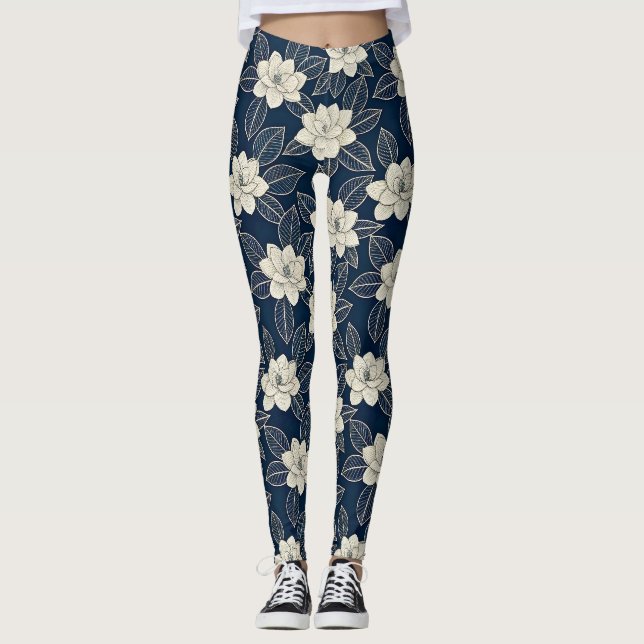 Vintage Blue Floral Botanical Pattern (5) Leggings (Front)
