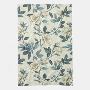Vintage Blue Floral Botanical Pattern (6) Tea Towel
