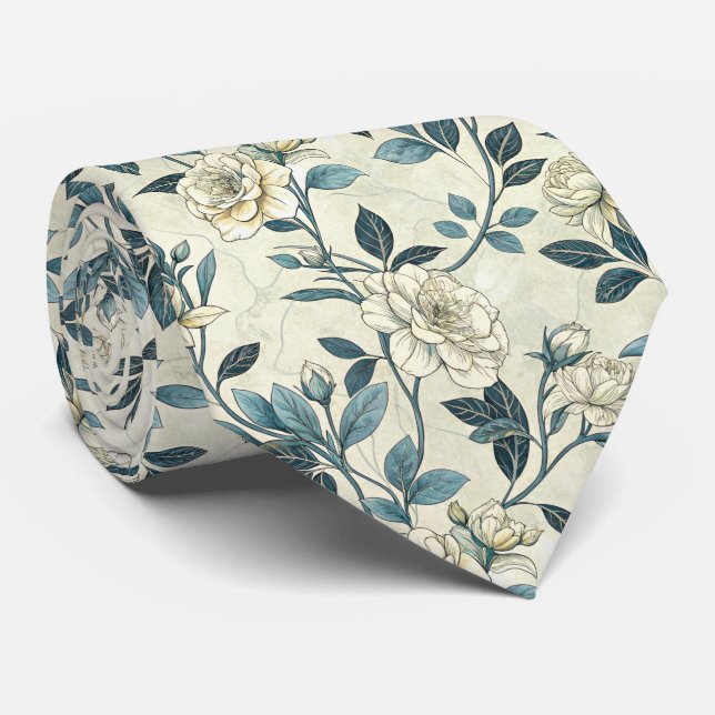 Vintage Blue Floral Botanical Pattern (6) Tie (Rolled)
