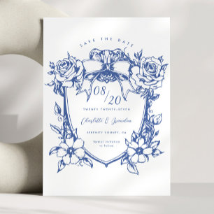 Vintage Blue Floral Bow Crest Save The Date Invitation