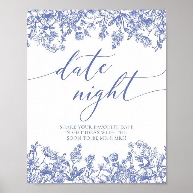Vintage Blue Floral Bridal Date Night Ideas Sign (Front)