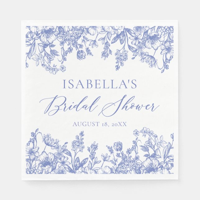 Vintage Blue Floral Bridal Shower Paper Napkins (Front)