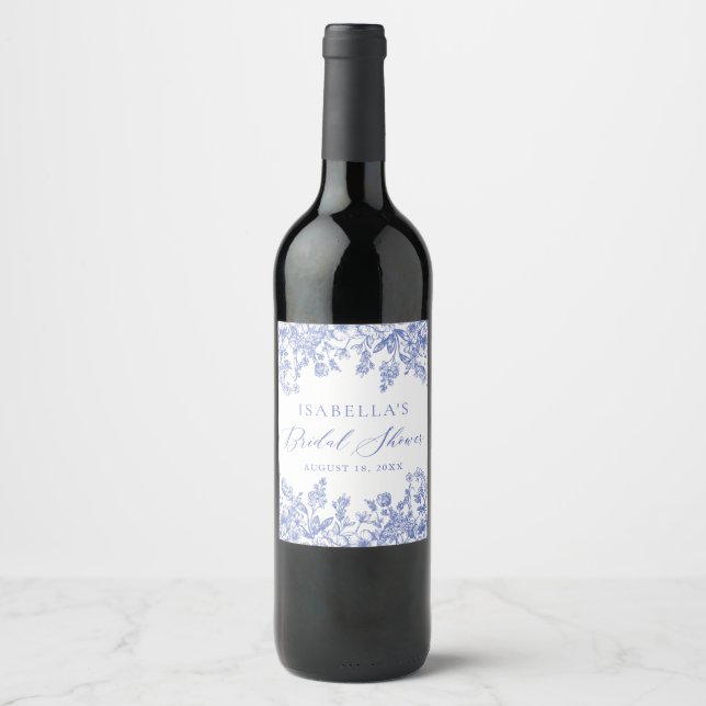 Vintage Blue Floral Bridal Shower Wine Label (Front)