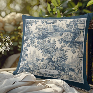 Vintage Blue Floral Chic Toile de Jouy Monogram Cushion
