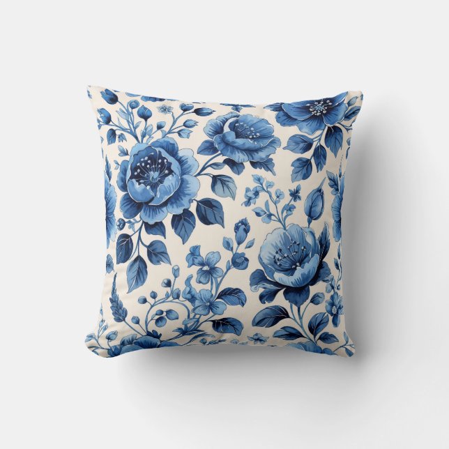Vintage Blue Floral Elegance Cushion (Front)