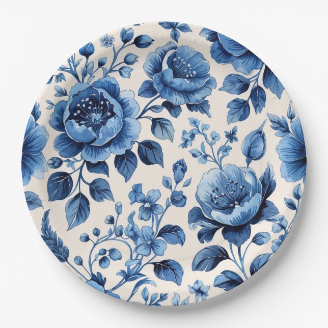 Vintage Blue Floral Elegance Paper Plate (Front)