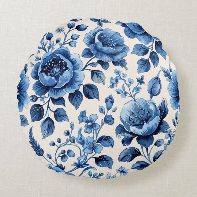 Vintage Blue Floral Elegance Round Cushion (Front)