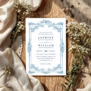 Vintage Blue Floral Elegant Frame QR Code Wedding Invitation