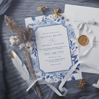 Vintage Blue Floral Elegant Modern Chic Wedding Invitation