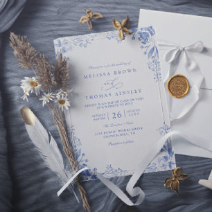 Vintage Blue Floral Elegant Modern QR Code Wedding Invitation