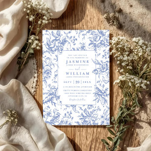 Vintage Blue Floral Elegant Modern QR Code Wedding Invitation