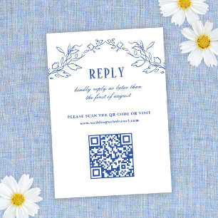 Vintage Blue Floral Elegant QR Code Wedding Reply RSVP Card
