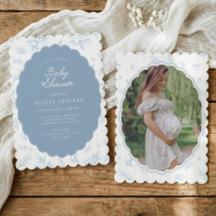 Vintage Blue Floral Elegant Scalloped Baby Shower Invitation