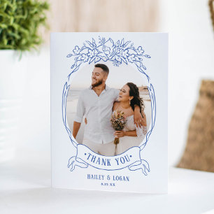 Vintage Blue Floral Elegant Wedding Photo Thank You Card