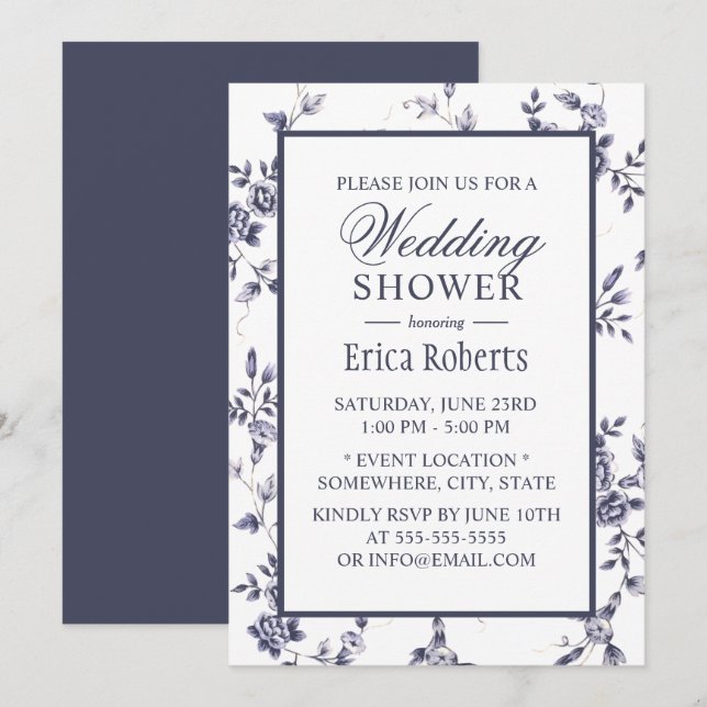 Vintage Blue Floral Elegant Wedding Shower Invitation (Front/Back)