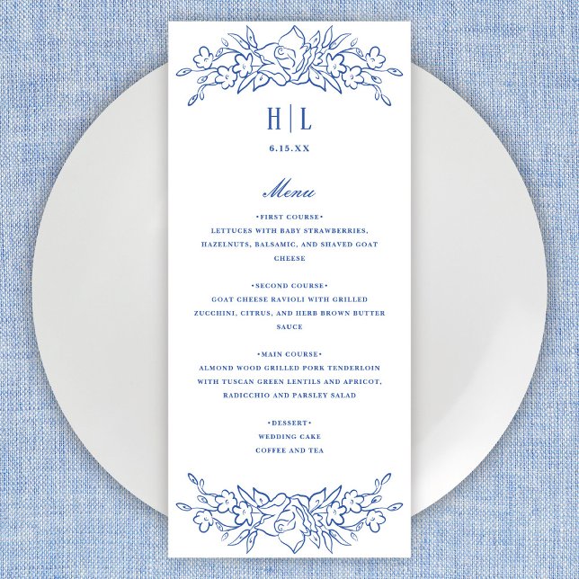 Vintage Blue Floral Frame Elegant Wedding Menu (Creator Uploaded)