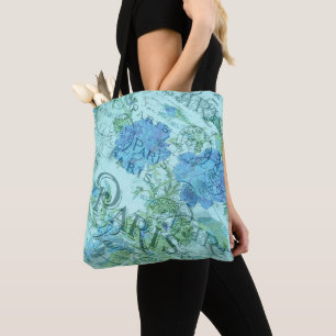 Vintage Blue Floral French Paris Postmark Pattern Tote Bag