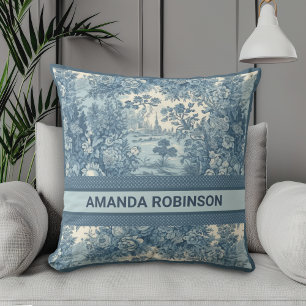 Vintage Blue Floral Lake Toile Monogram Cushion