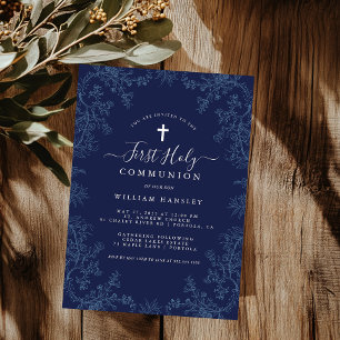 Vintage Blue Floral Leaf Boys First Communion  Invitation
