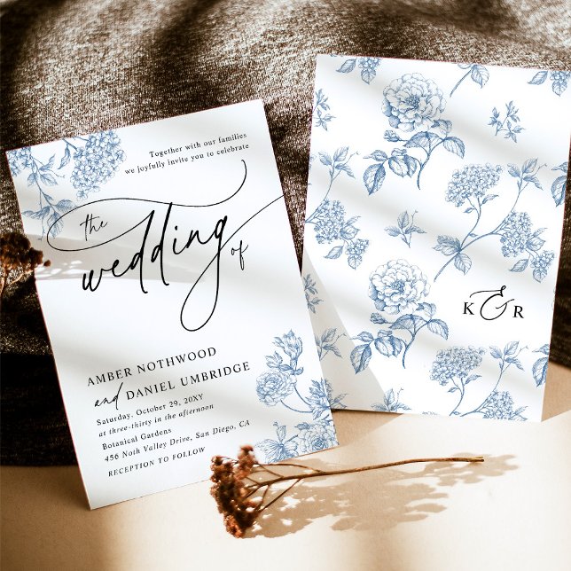 Vintage Blue Floral Modern Script Wedding Invitation (Creator Uploaded)
