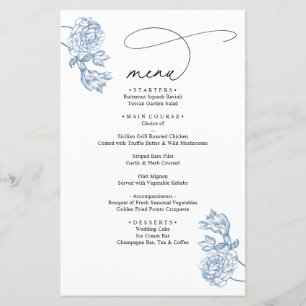 Vintage Blue Floral Modern Script Wedding Menu