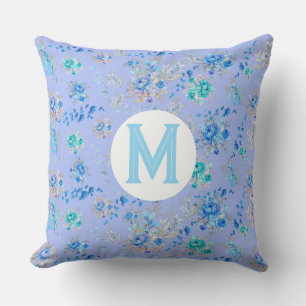 Vintage Blue Floral Monogram Cushion