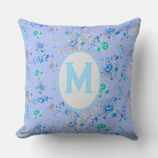 Vintage Blue Floral Monogram Cushion (Front)