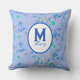 Vintage Blue Floral Monogram Cushion