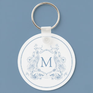 Vintage Blue Floral Monogram Key Ring