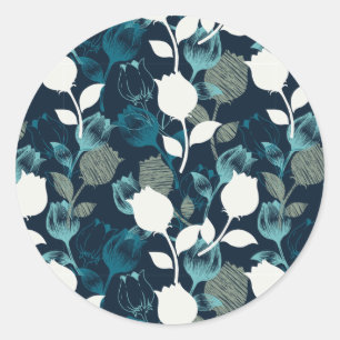 Vintage blue floral night garden pattern classic round sticker