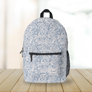 Vintage Blue Floral Pattern Custom Script Name Printed Backpack