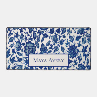 Vintage Blue Floral Pattern Desk Mat