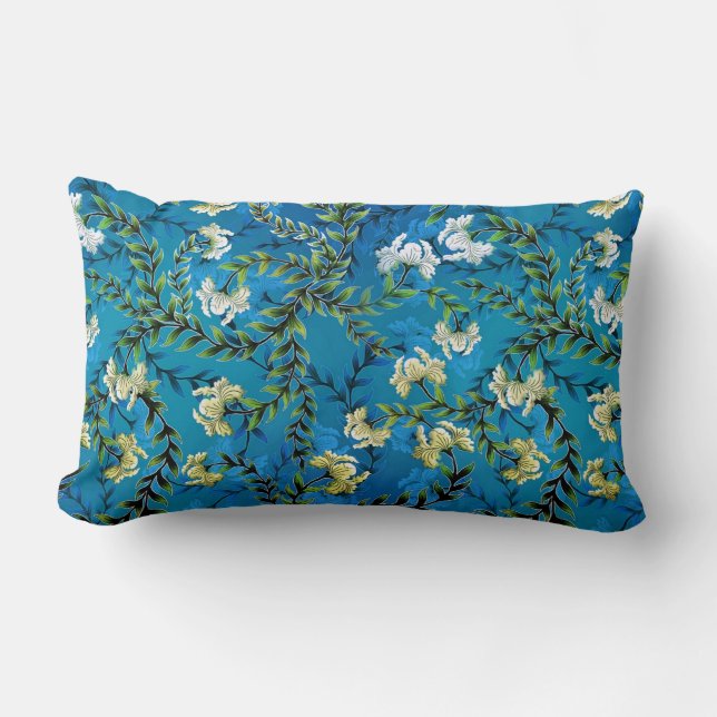 Vintage Blue Floral Pattern Illustration Lumbar Cushion (Front)