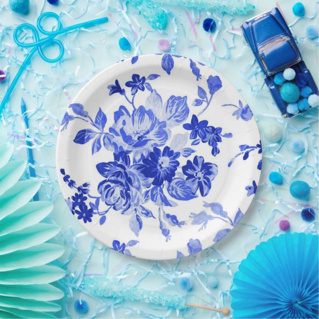Vintage Blue Floral Pattern Paper Plate (Party)