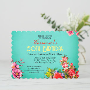 Vintage Blue Floral Pretty 50th Fiftieth Birthday Invitation