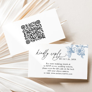 Vintage Blue Floral QR code Wedding RSVP Business Card