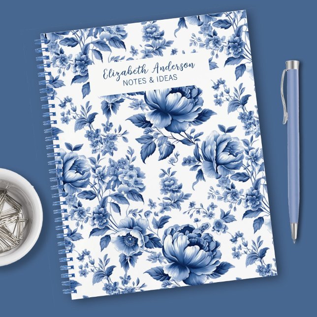Vintage Blue Floral Rose Pattern Notebook (Personalize this elegant vintage blue floral rose pattern notebook for a special gift.)