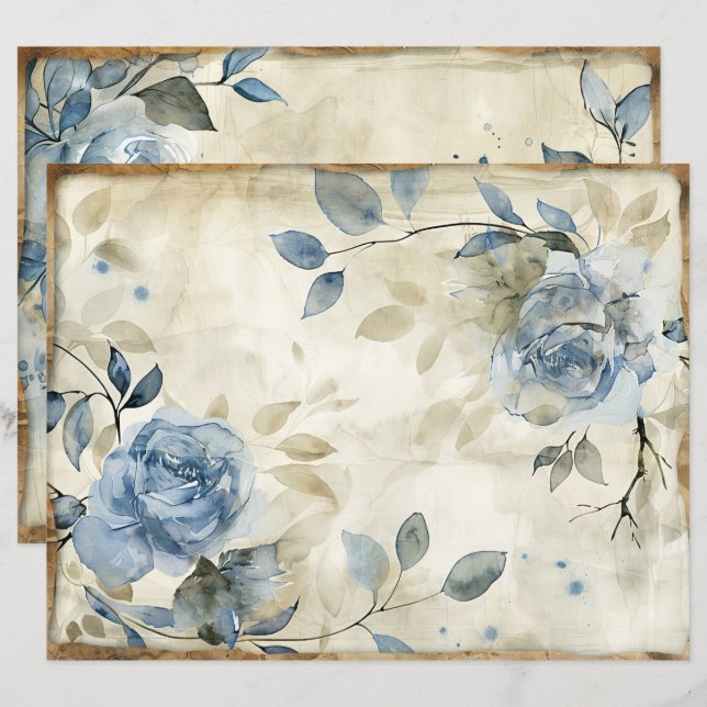 Vintage Blue Floral Scrapbook Paper (Front/Back)