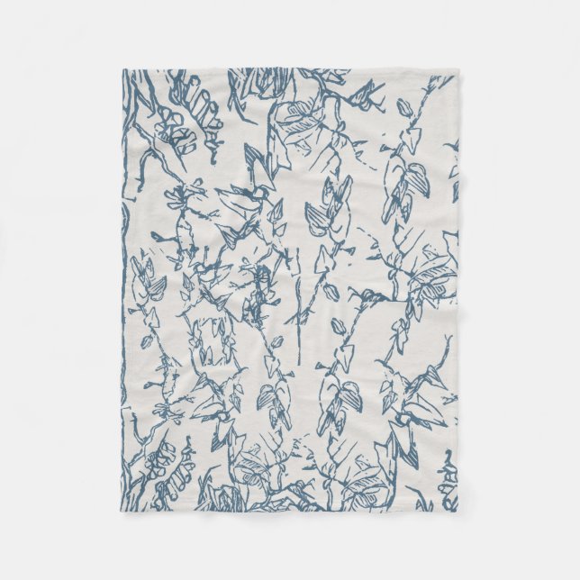 Vintage Blue Floral Sketch Pattern Fleece Blanket (Front)