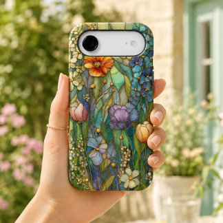 Vintage Blue Floral Stained Glass Garden