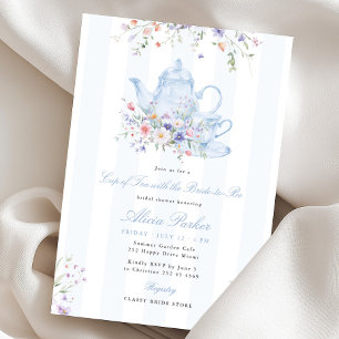 Vintage blue floral tea party bridal shower invitation