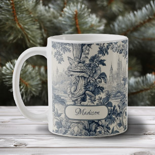 Vintage Blue Floral Toile de Jouy Monogram Coffee Mug